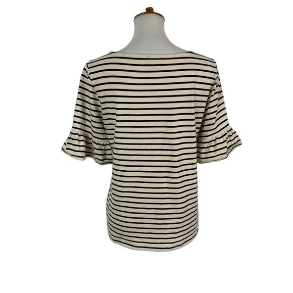 J Crew Factory Top Small Black Tan Striped Bell Sleeve Preppy Casual - Picture 3 of 5